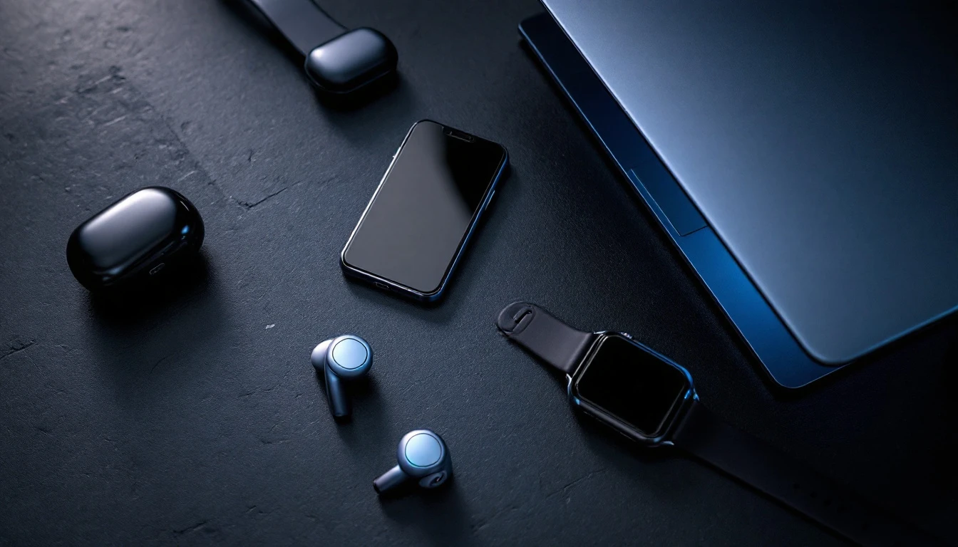 A flat-lay of everyday gadgets on a dark slate surface.